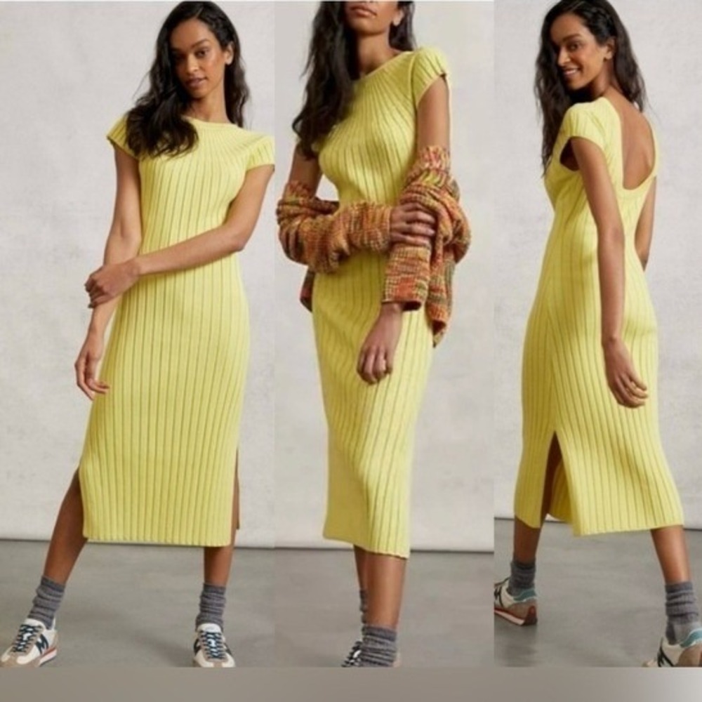 Maeve Anthropologie Ribbed Knit Midi Dress Scoop Back Yellow Medium Cap Sleeve